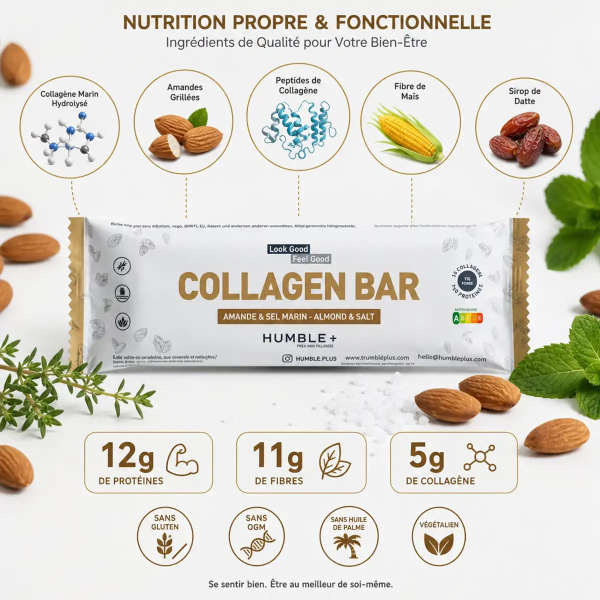 Barre Protéines Collagène Humble+ Amande Sel Marin 12g protéines 5g collagène