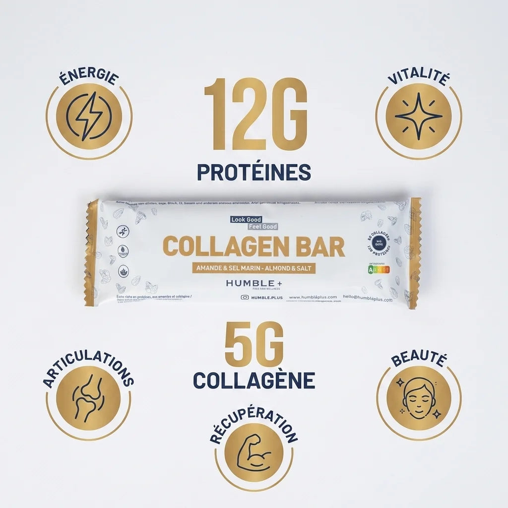 Barre Protéines Collagène Amande Humble avec bénéfices: énergie, vitalité, articulations, beauté