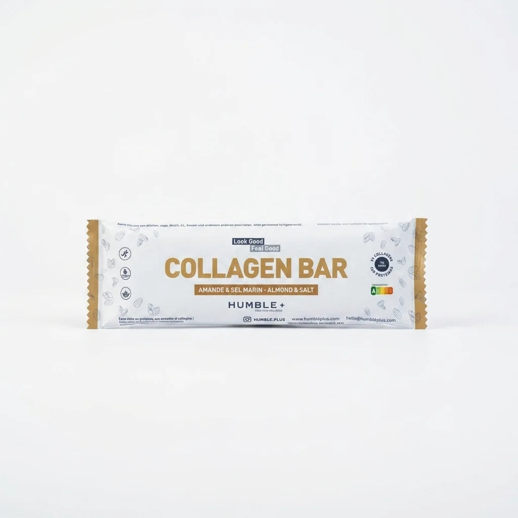 Barre protéines collagène amande Humble - Packaging blanc et or professionnel