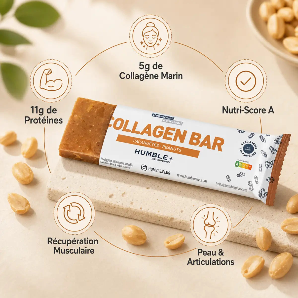 Barre Protéines Collagène Cacahuète Humble+ avec bénéfices nutritionnels affichés