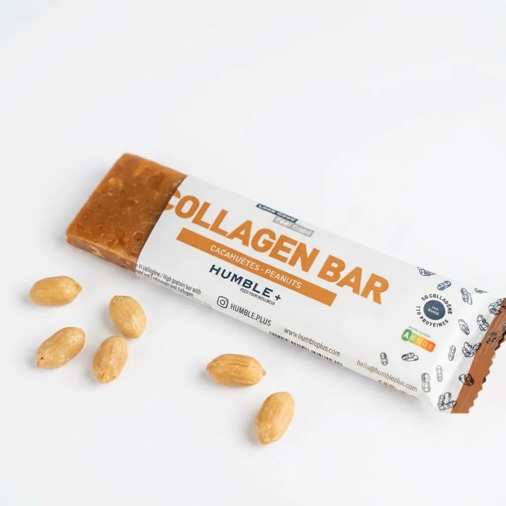 Barre protéines collagène cacahuète Humble sur fond blanc - produit fitness nutrition