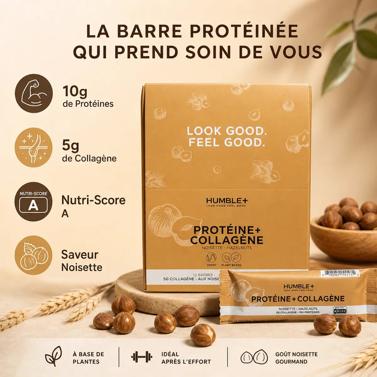 Barre Protéines Collagène Noisette Humble+ avec 10g protéines et 5g collagène