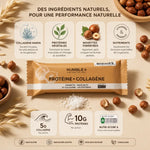 Barre protéines collagène noisette Humble+ avec ingrédients clés et valeurs nutritionnelles