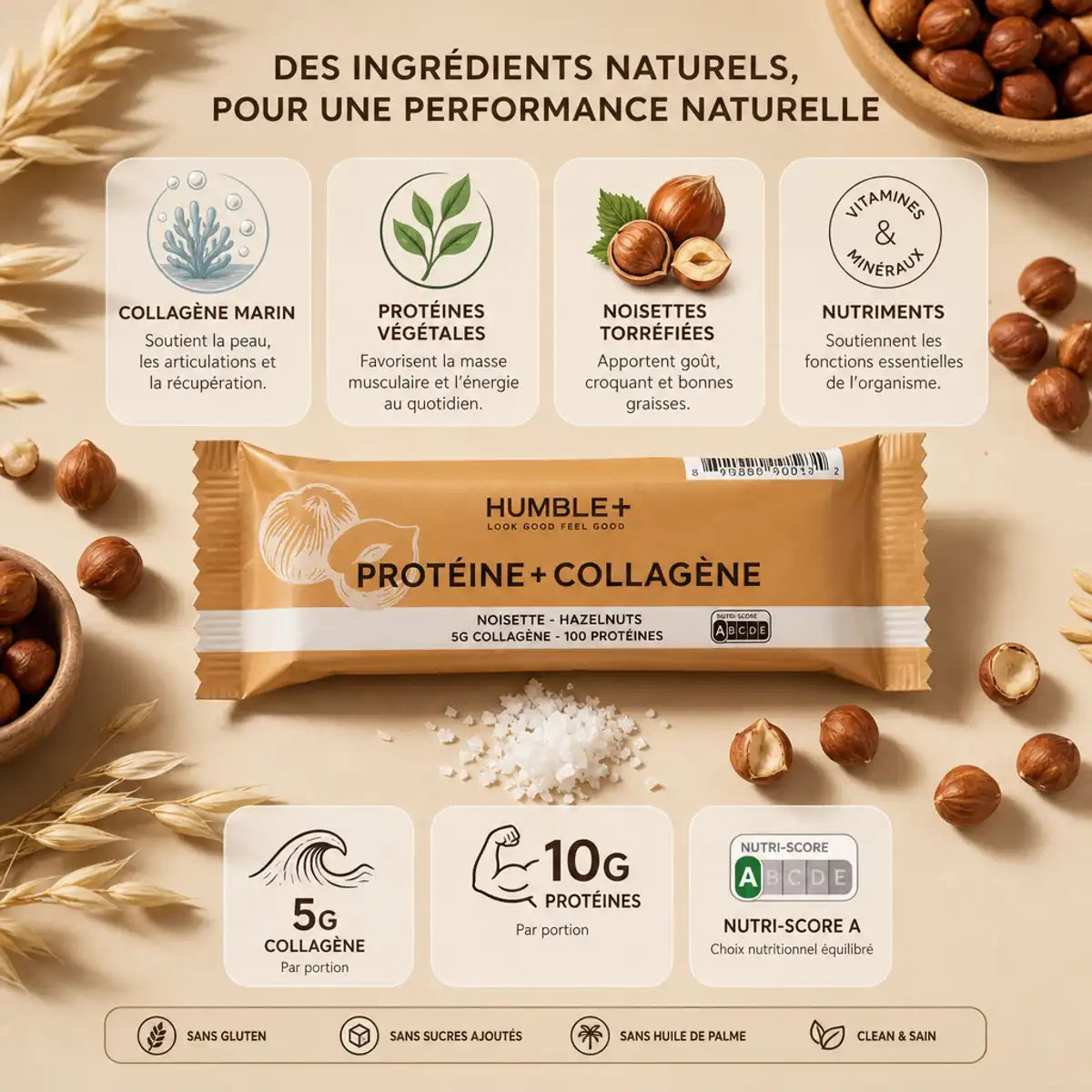 Barre protéines collagène noisette Humble+ avec ingrédients clés et valeurs nutritionnelles