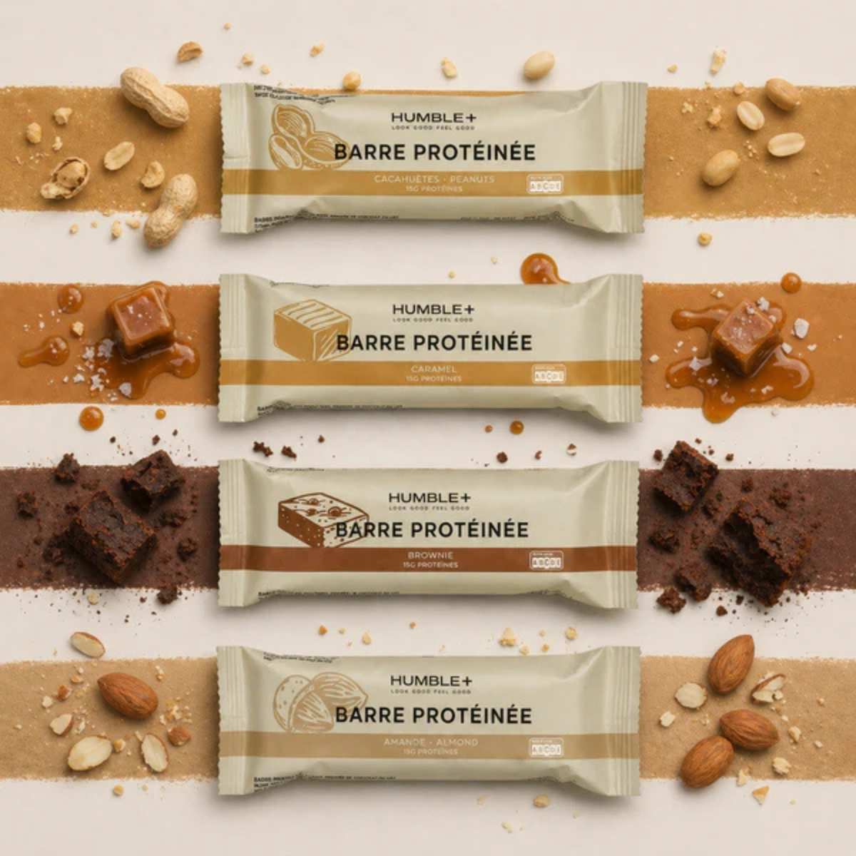 Les 4 goûts de barre protéinées disponible chez Humble +