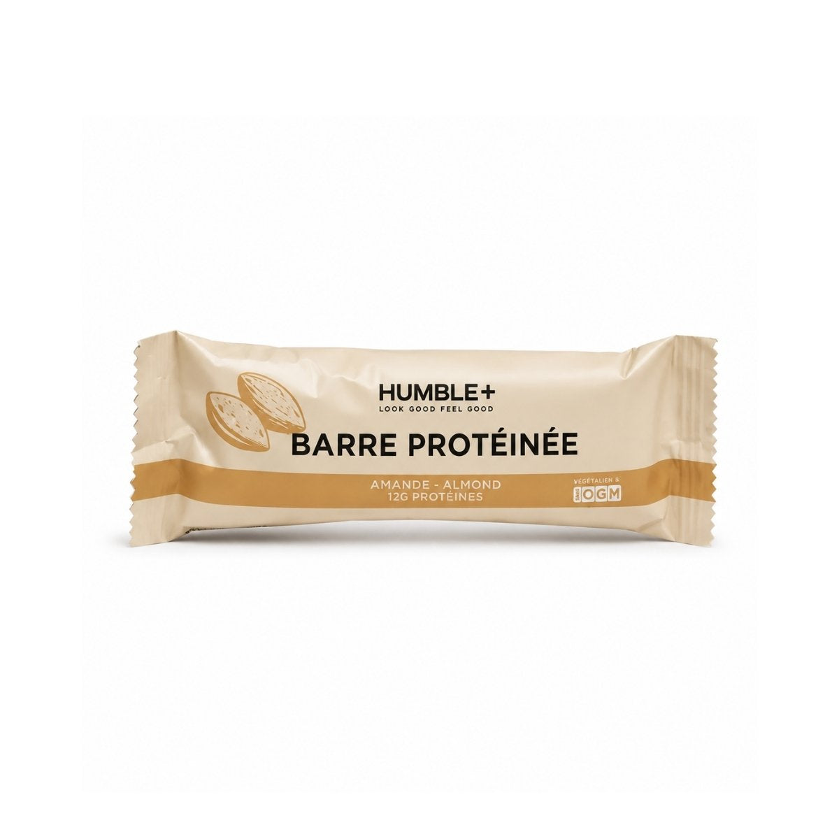 Barre protéinée amande humble + sur fond blanc.