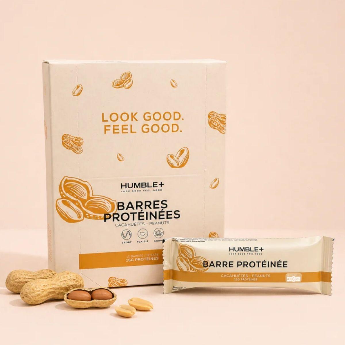 un pack de barres protéinées aux cacahuètes de la marque humble +