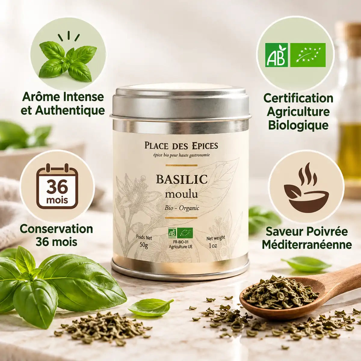 Basilic Bio moulu en boîte métallique avec certifications et bénéfices - Place des épices