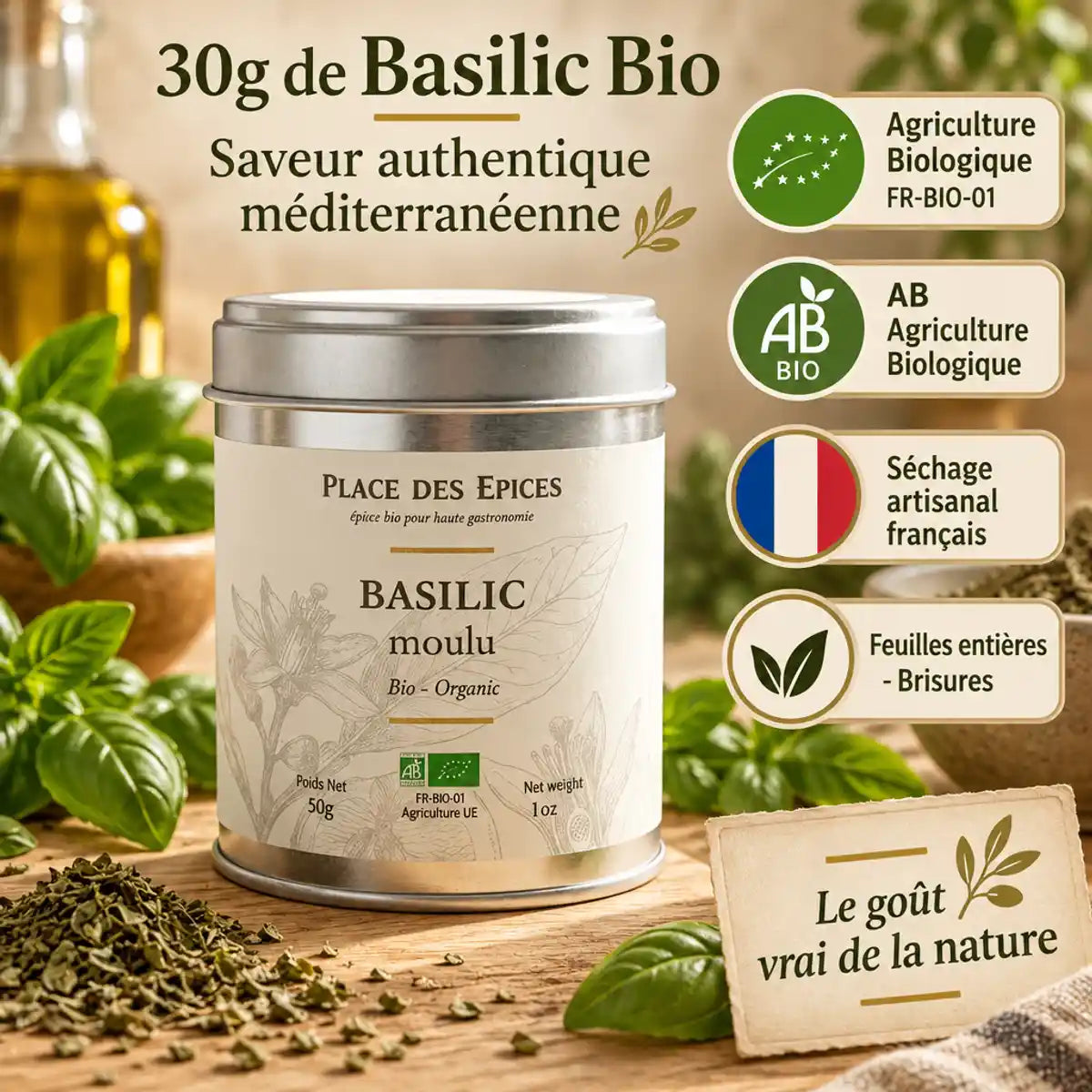 Basilic bio 30g Place des épices - Boîte certifiée AB avec feuilles séchées artisanales