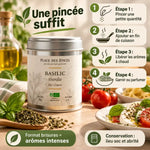 Basilic bio 30g Place des épices en boîte avec instructions d'utilisation et ingrédients méditerranéens