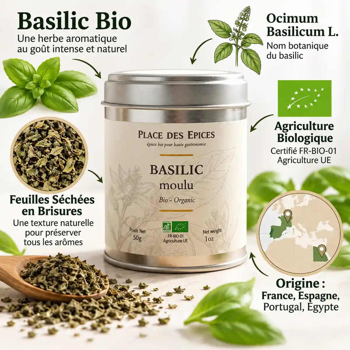 Basilic Bio 30g Place des épices - emballage certifié agriculture biologique avec feuilles séchées