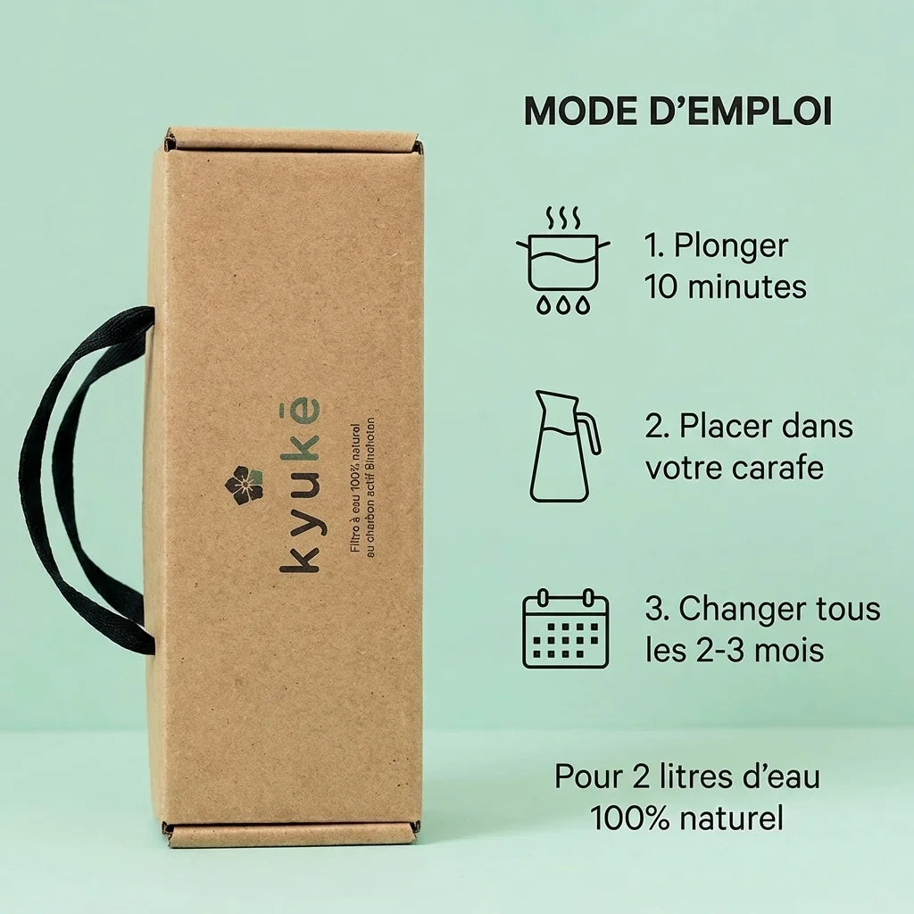 Bâton Binchotan Kyuké taille M avec instructions d'utilisation pour purifier 2 litres d'eau naturellement