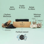 Bâton Charbon Actif Binchotan Kyuké taille S purifie 1L eau naturellement, infographie ingrédients