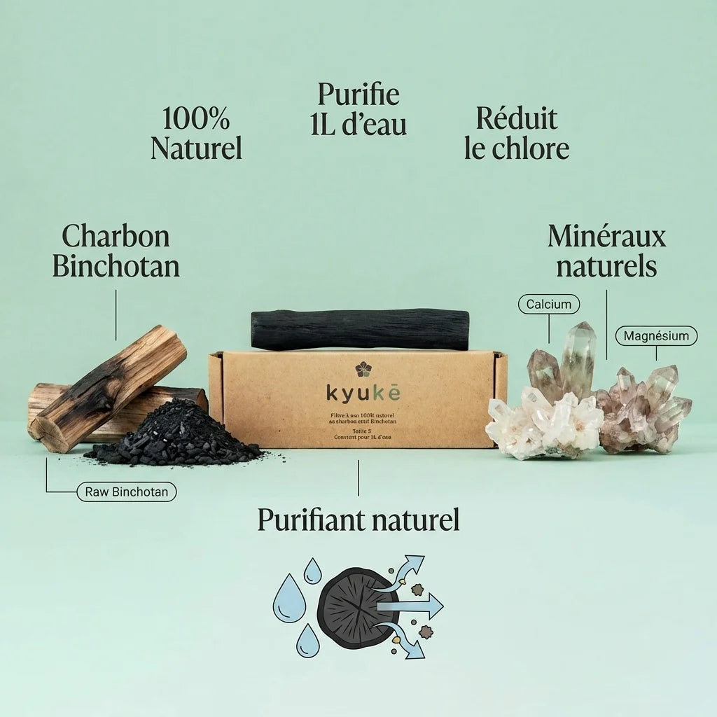 Bâton Charbon Actif Binchotan Kyuké taille S purifie 1L eau naturellement, infographie ingrédients