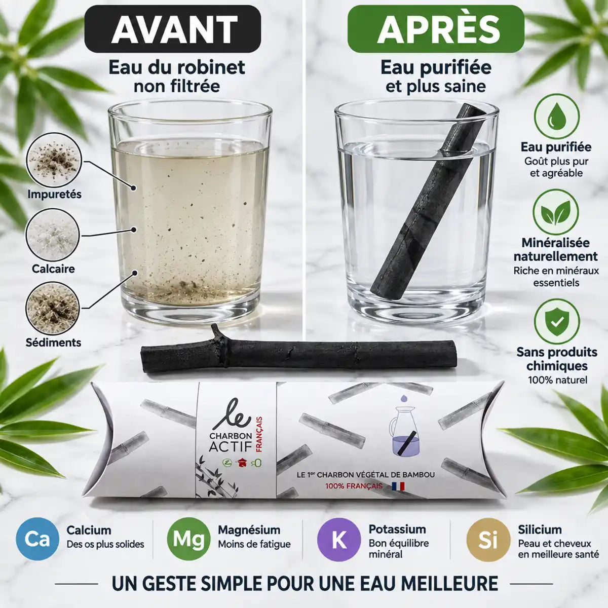 Bâton charbon actif bambou - Avant/après purification eau cristalline Le Charbon Actif Français