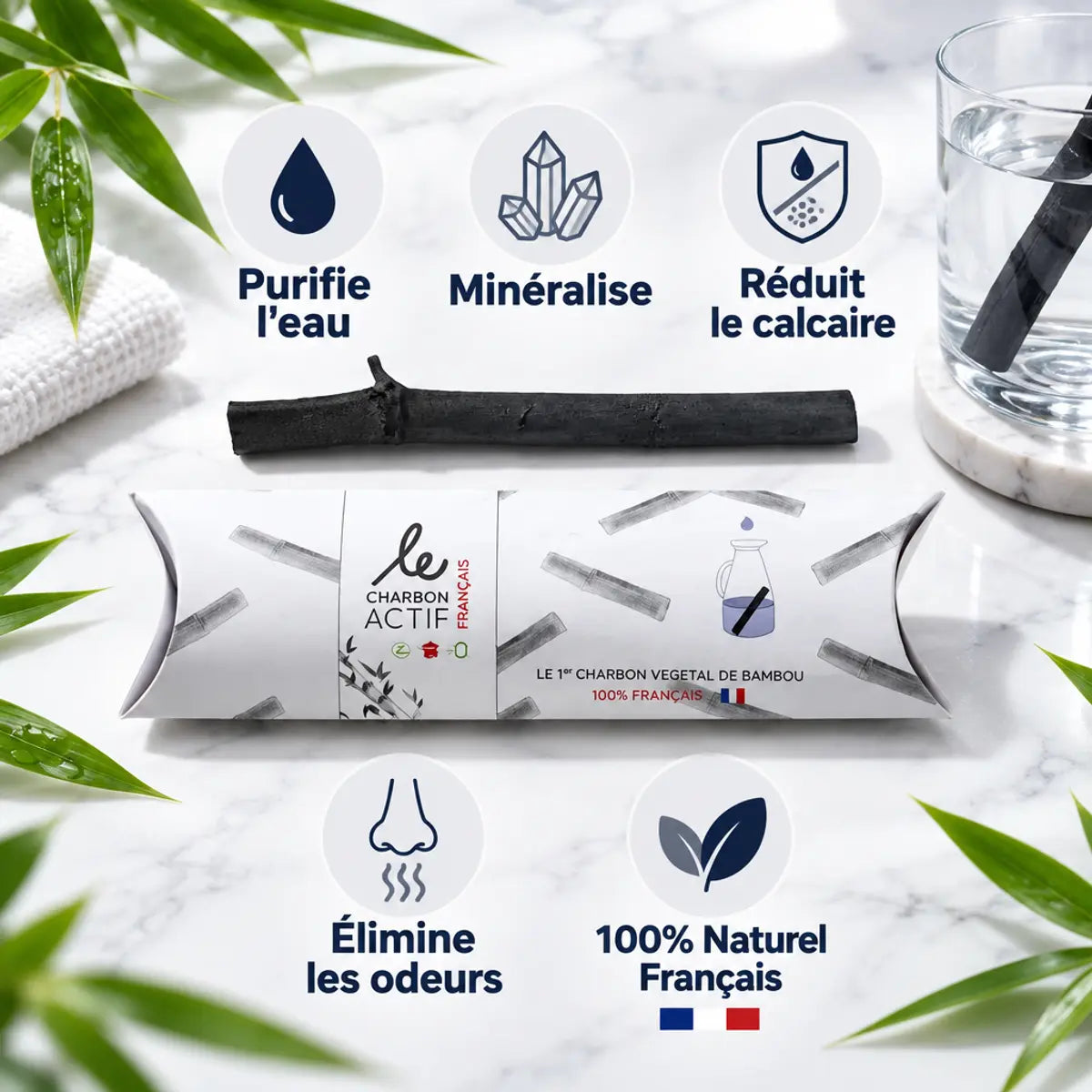 Bâton charbon actif bambou Le Charbon Actif Français avec bénéfices purification eau minéralisation