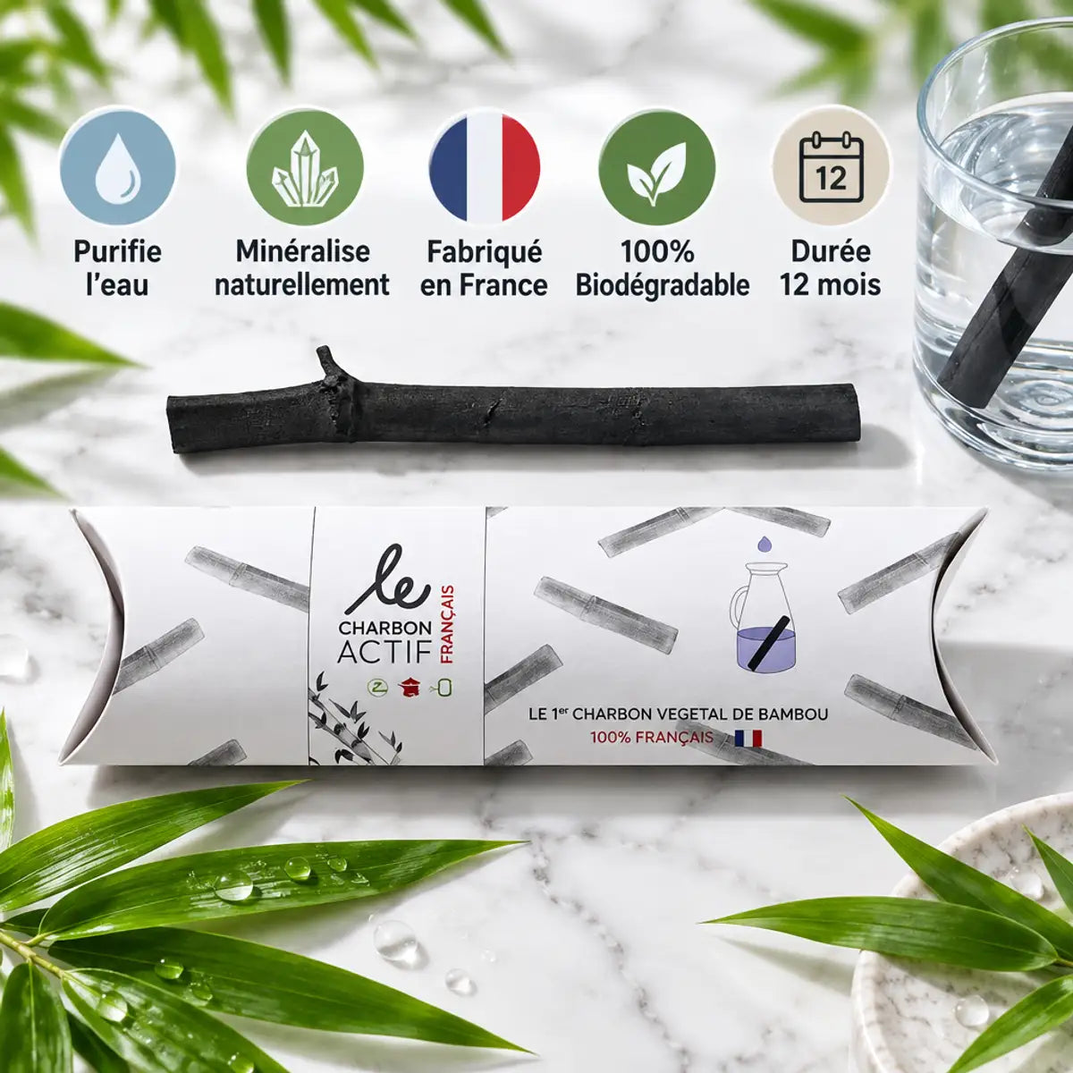 Bâton de charbon actif de bambou emballé Le Charbon Actif Français purifie l'eau naturellement