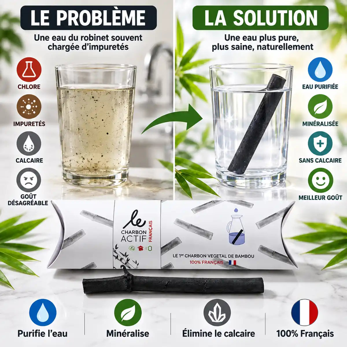 Bâton charbon actif bambou Le Charbon Actif Français purifiant l'eau du robinet en eau minéralisée claire