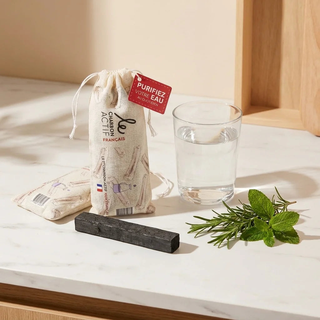 Bâton de charbon actif français dans sa pochette avec verre d'eau filtrée et herbes fraîches