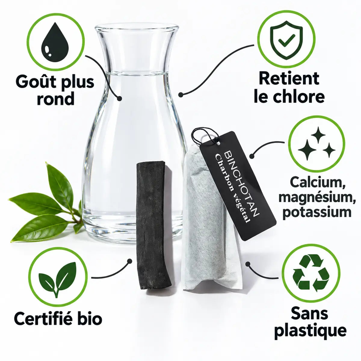 Bâton de charbon binchotan bio emballé avec verre d'eau et icônes : goût plus rond, retient le chlore, minéraux, certifié bio, sans plastique