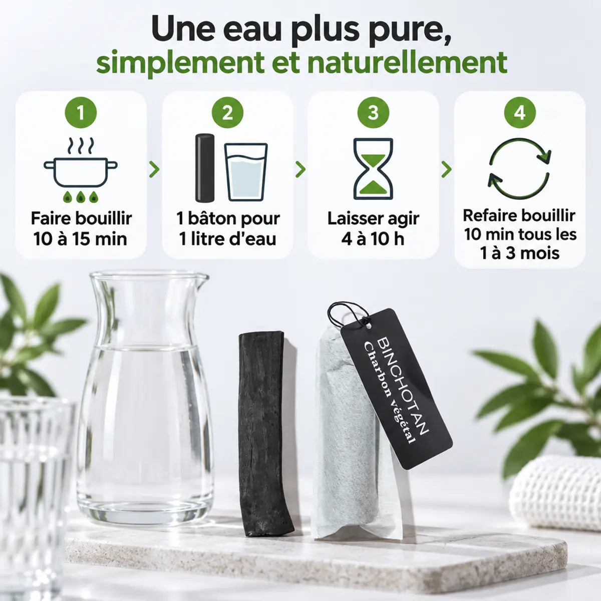 Bâton de charbon binchotan bio emballé, carafe d'eau et guide en 4 étapes pour purifier l'eau au charbon actif