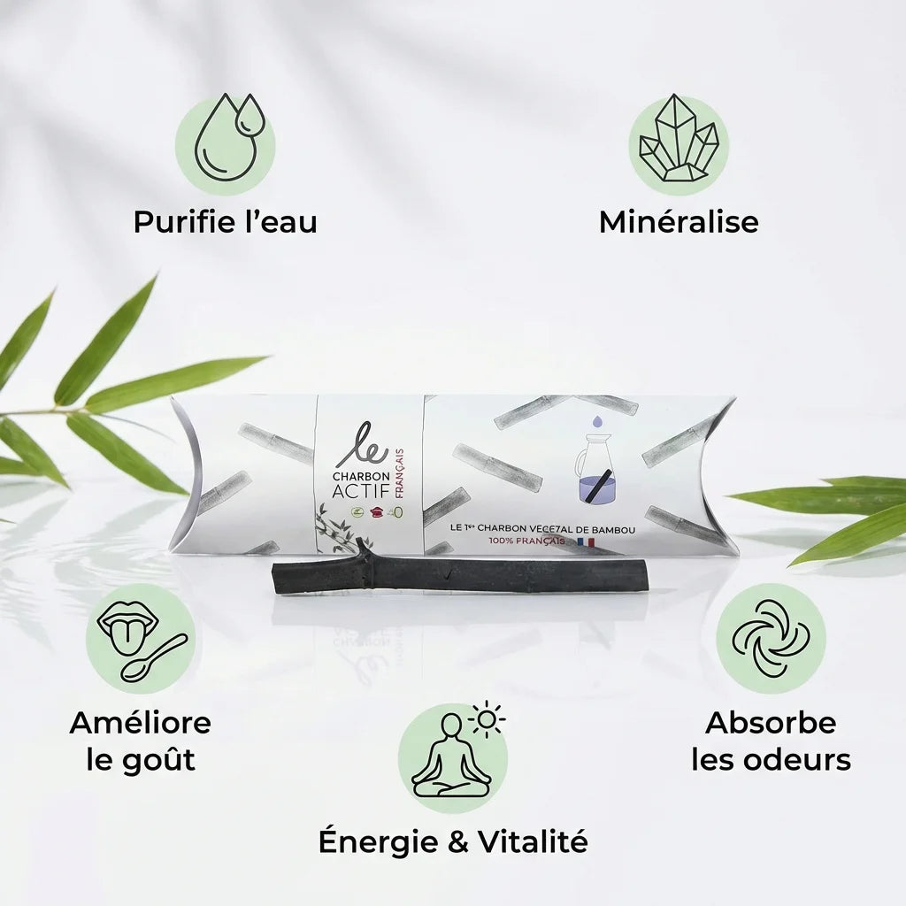 Bâton charbon bambou "Le Charbon Actif Français" emballage blanc avec 5 bénéfices santé