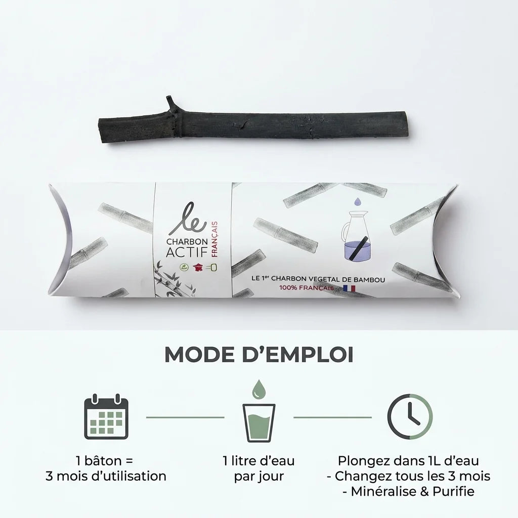 Bâton charbon bambou actif français avec mode d'emploi, purification eau 3 mois