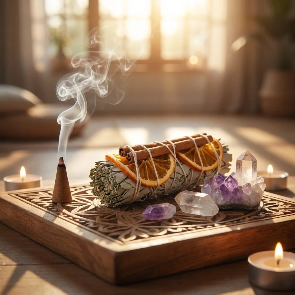 Bâtonnet de Sauge blanche cèdre, orange et cannelle sur autel de méditation avec cristaux et bougies