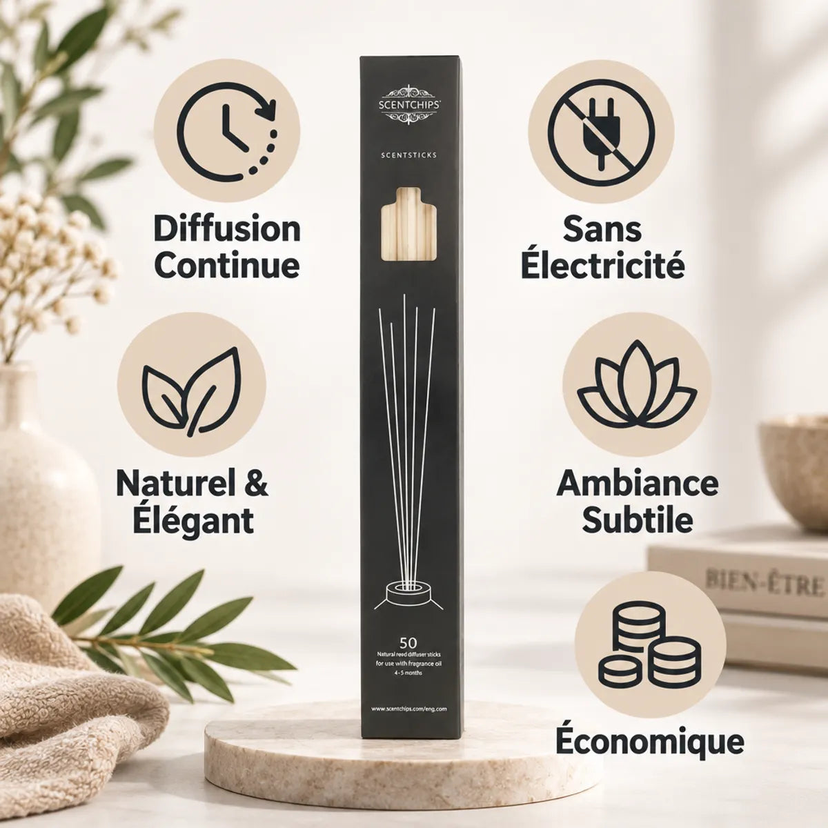 Bâtonnets diffuseur parfum beige 50 pièces Scentchips avec avantages : diffusion continue, sans électricité, naturel et économique