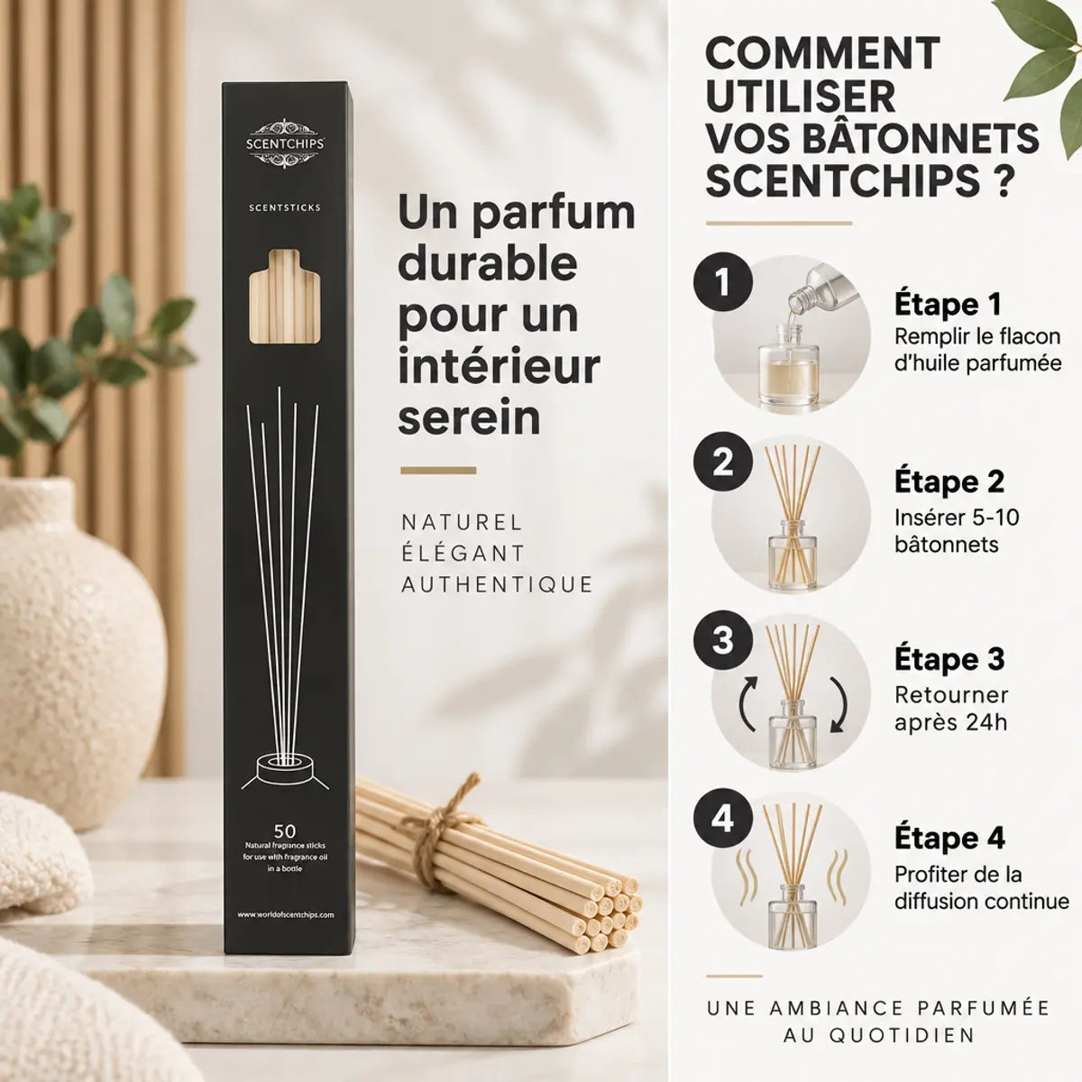 Bâtonnets diffuseur Scentchips beige 50 pièces avec guide d'utilisation en français et instructions étape par étape