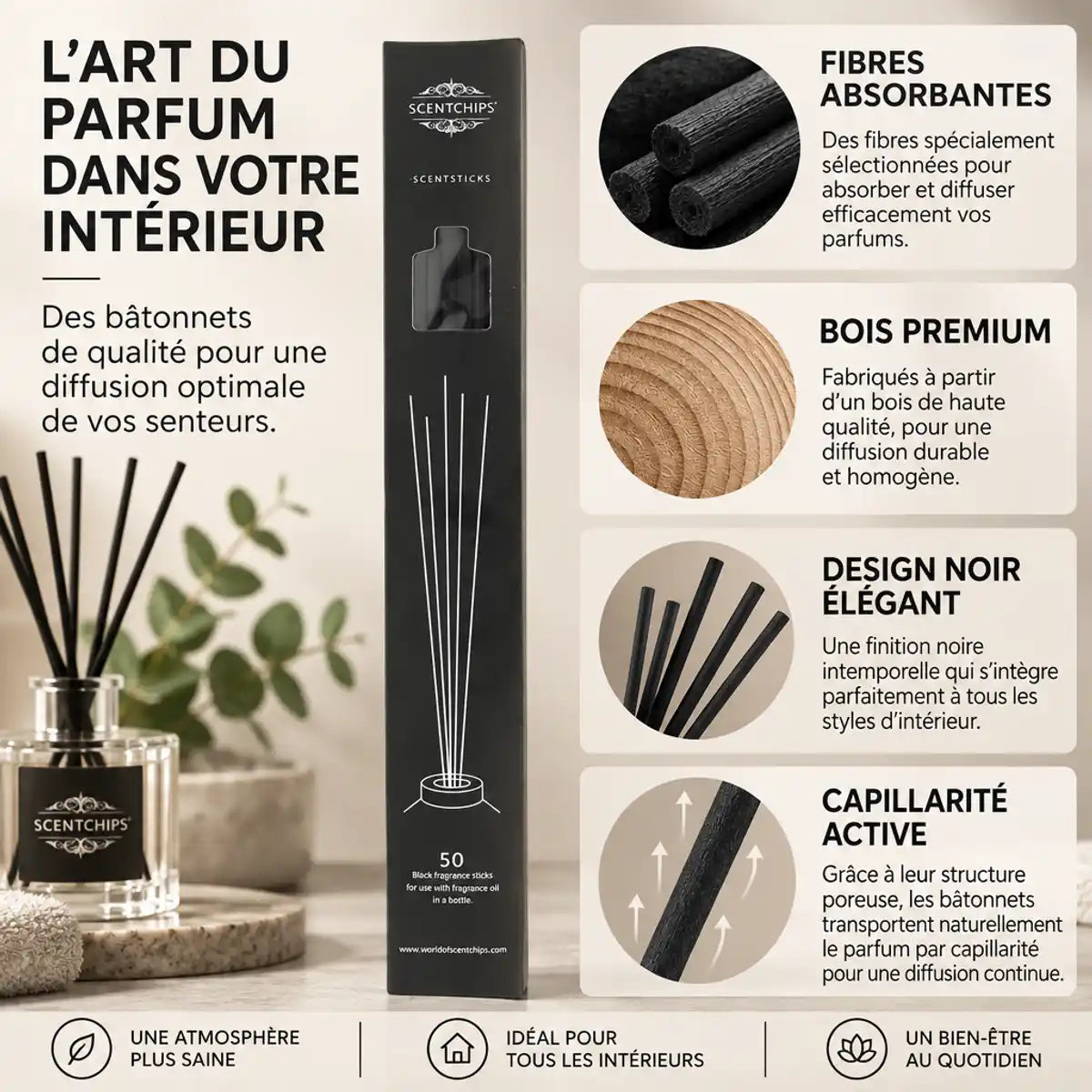 Bâtonnets diffuseur Scentchips noir 50 pièces avec composition fibres absorbantes et bois premium