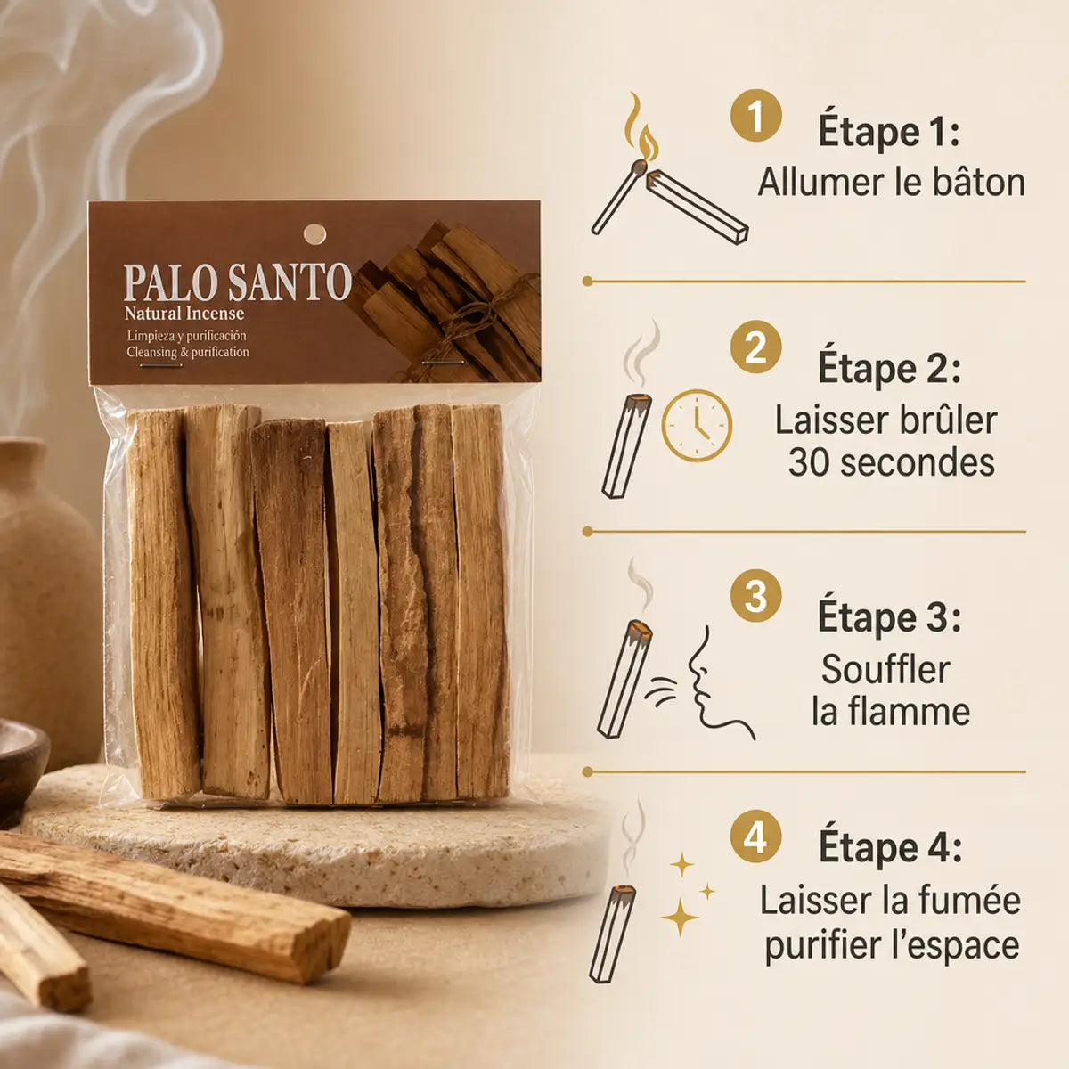Bâtons de Palo Santo 80g avec guide d'utilisation en 4 étapes pour purifier votre espace naturellement