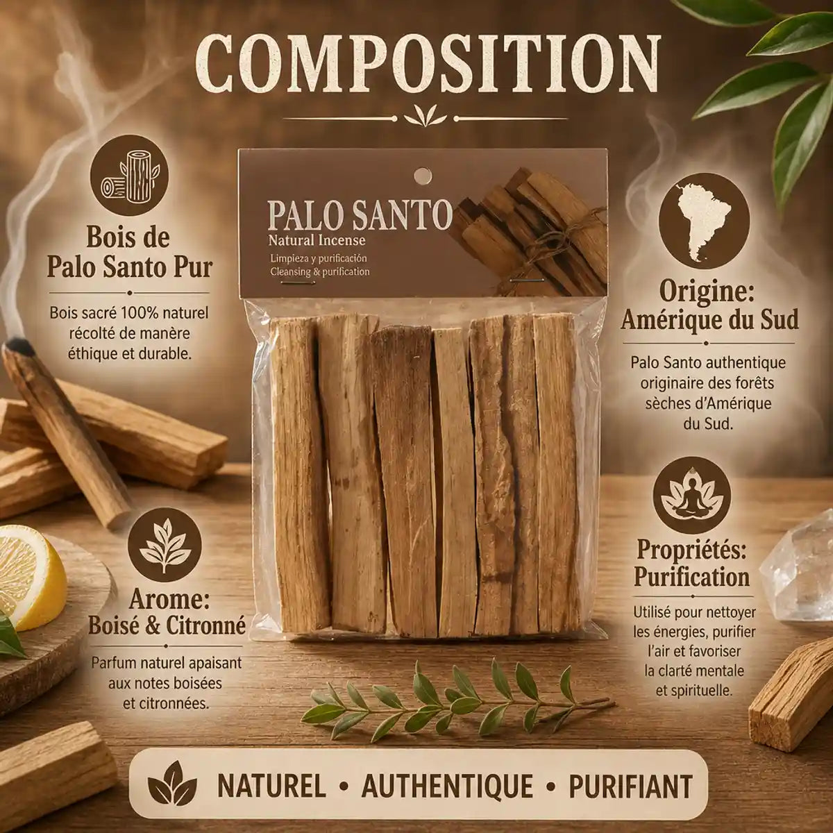 Bâtons de Palo Santo 80g pur d'Amérique du Sud avec propriétés purifiantes et arôme boisé citronné
