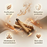 Bâtons Palo Santo 80g - Infographie bénéfices purification air, relaxation et méditation bien-être
