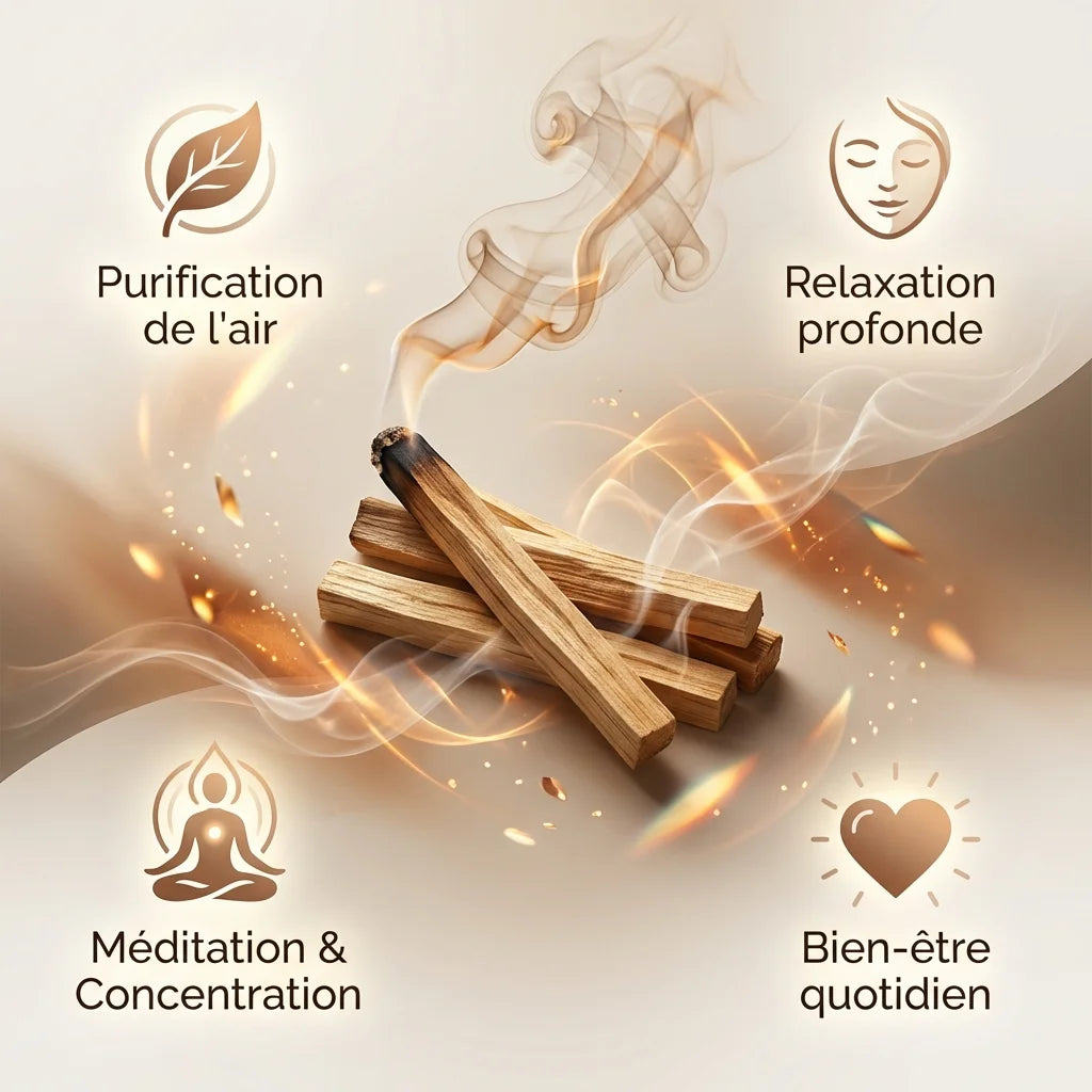 Bâtons Palo Santo 80g - Infographie bénéfices purification air, relaxation et méditation bien-être