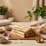 Sachet de 10 bâtons Palo Santo sur tapis de méditation avec cristaux et accessoires bien-être