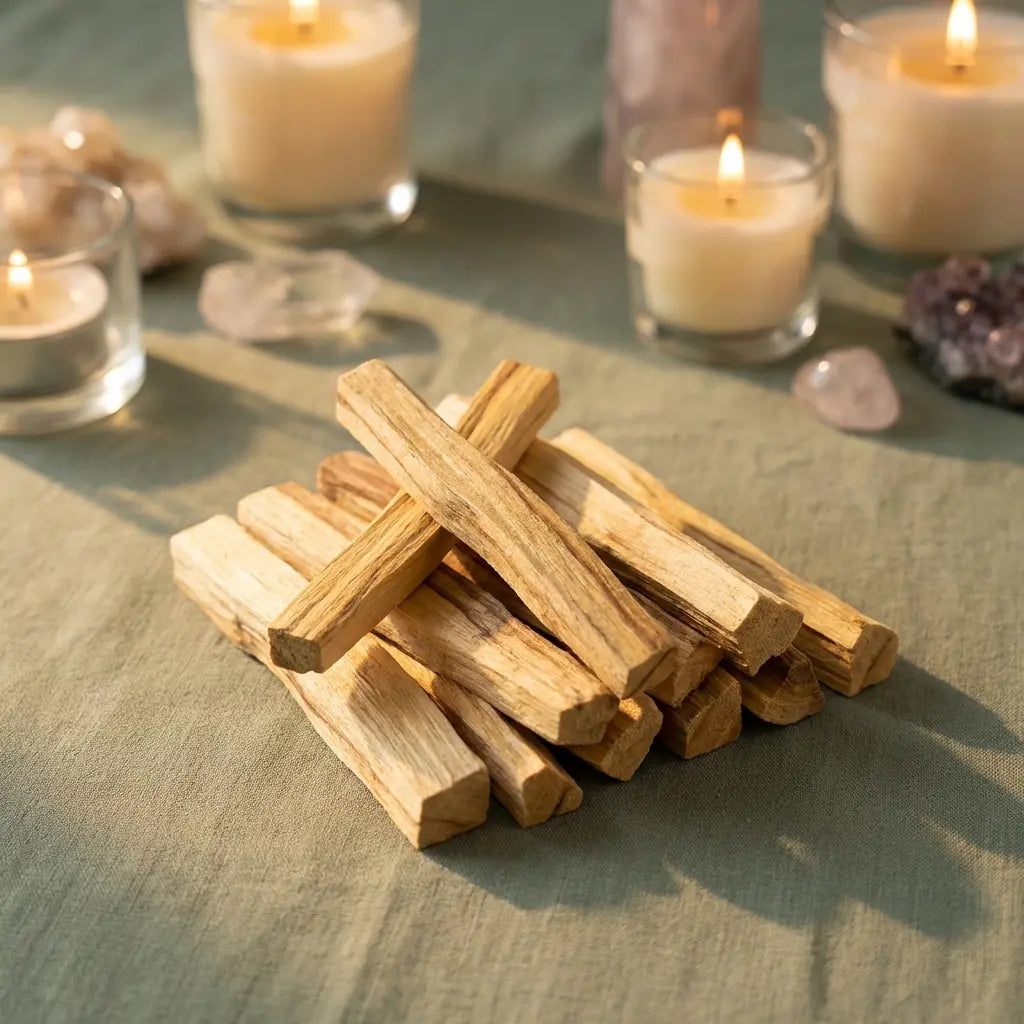 Bâtons de Palo Santo sachet de 10 unités sur surface verte avec bougies et cristaux