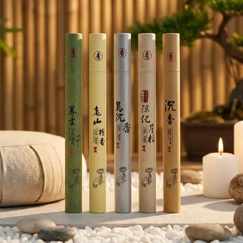 Bâtons d'encens Bois de Santal 40 pcs avec emballage coloré sur surface zen