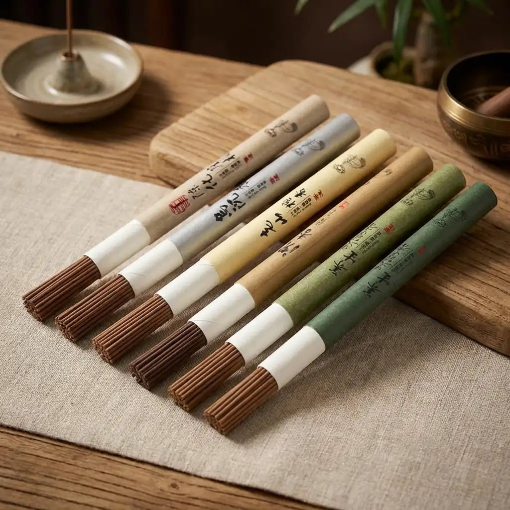 Bâtons d'encens Bois de Santal - Packaging et bâtons naturels en ambiance zen