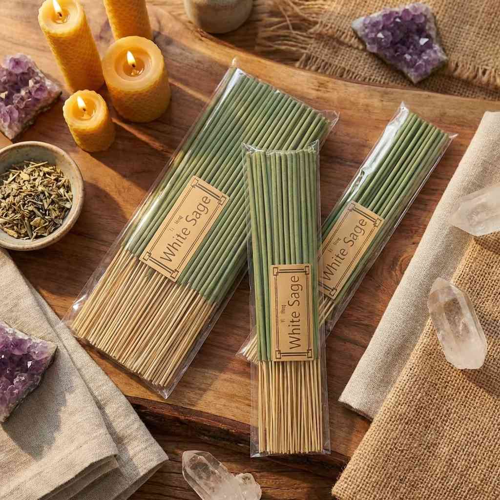 Bâtons d'encens Sauge Blanche sur autel de méditation avec bougies et cristaux