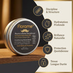 Baume à barbe bio Florame 50g avec infographie bénéfices : discipline, hydratation, brillance et protection