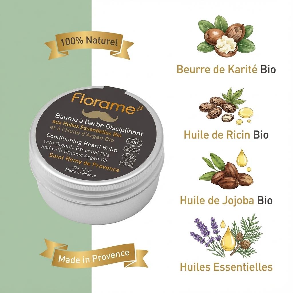 Baume à barbe bio Florame avec ingrédients naturels : beurre de karité, huile de ricin et jojoba