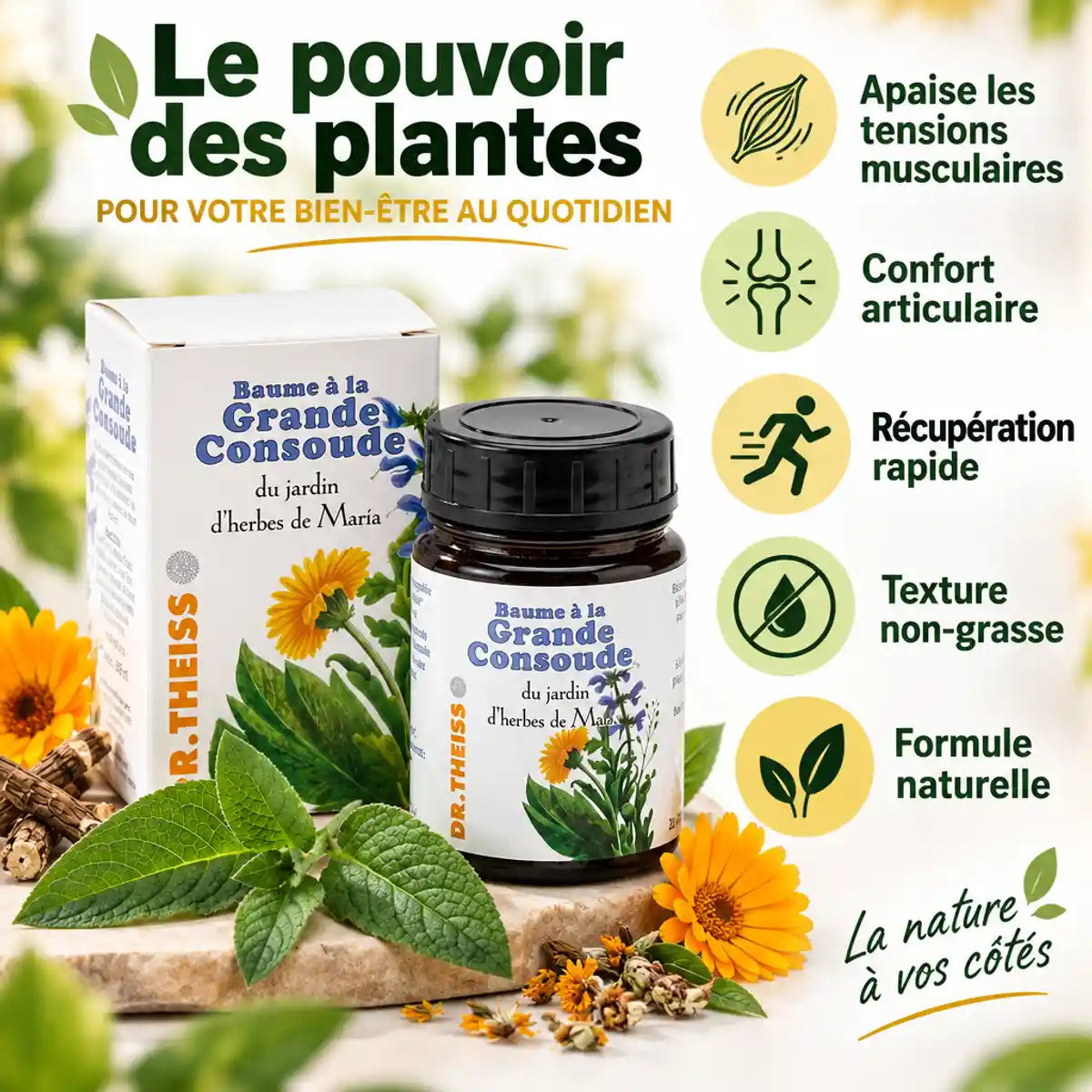Baume Grande Consoude Dr Theiss 100ml avec fleurs de calendula et bénéfices pour tensions musculaires