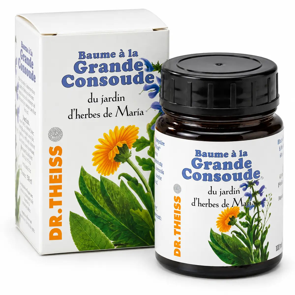 Baume à la Grande Consoude Dr Theiss 100ml pot verre foncé étiquette blanche fond blanc