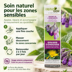 Baume Grande Consoude Bio Alphagem 50g réparateur : boîte produit et guide d'application en 3 étapes