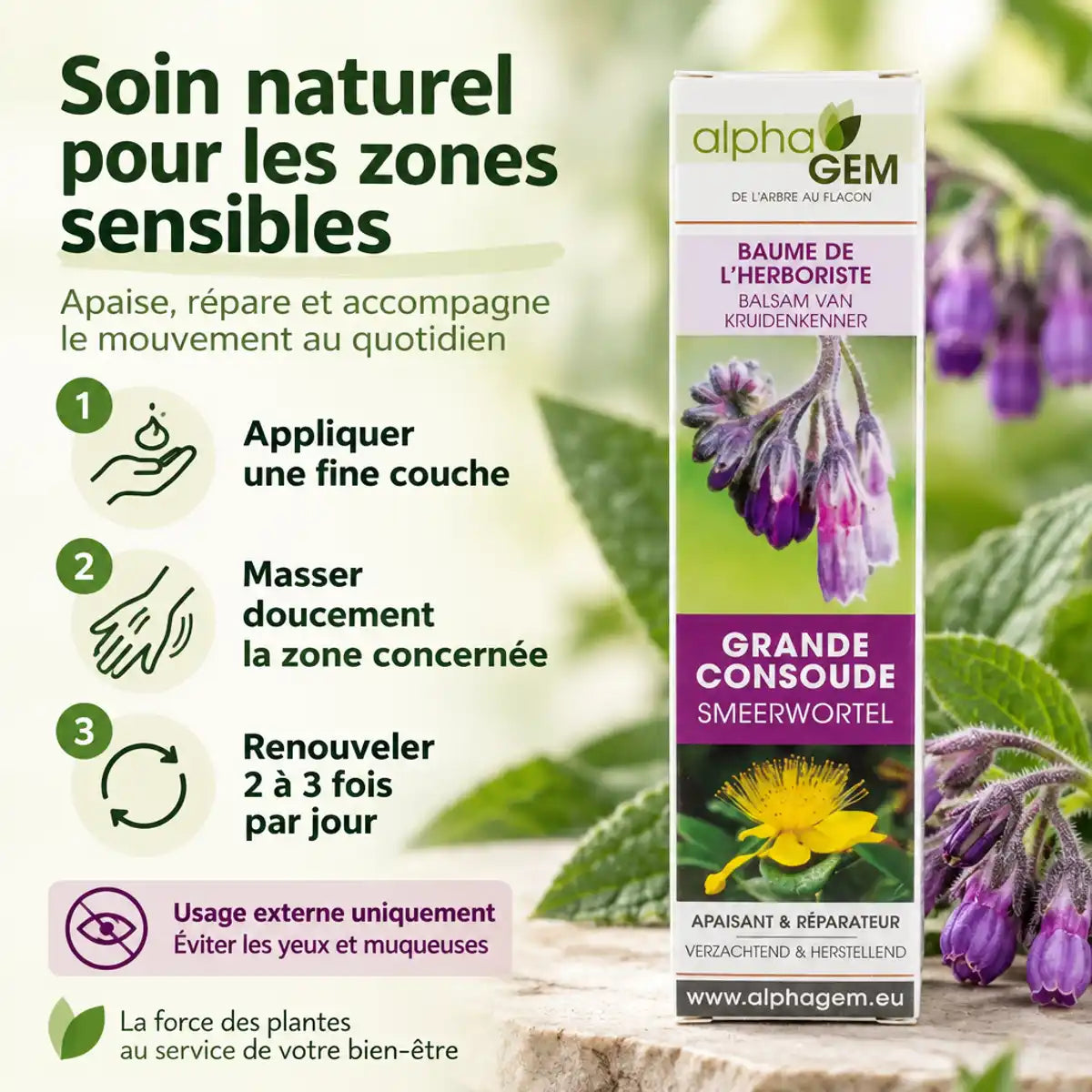 Baume Grande Consoude Bio Alphagem 50g réparateur : boîte produit et guide d'application en 3 étapes