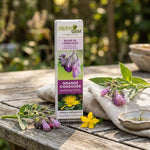 Baume à la Grande Consoude Bio Alphagem 50g sur table en bois, entouré de fleurs de consoude et de millepertuis, lumière naturelle
