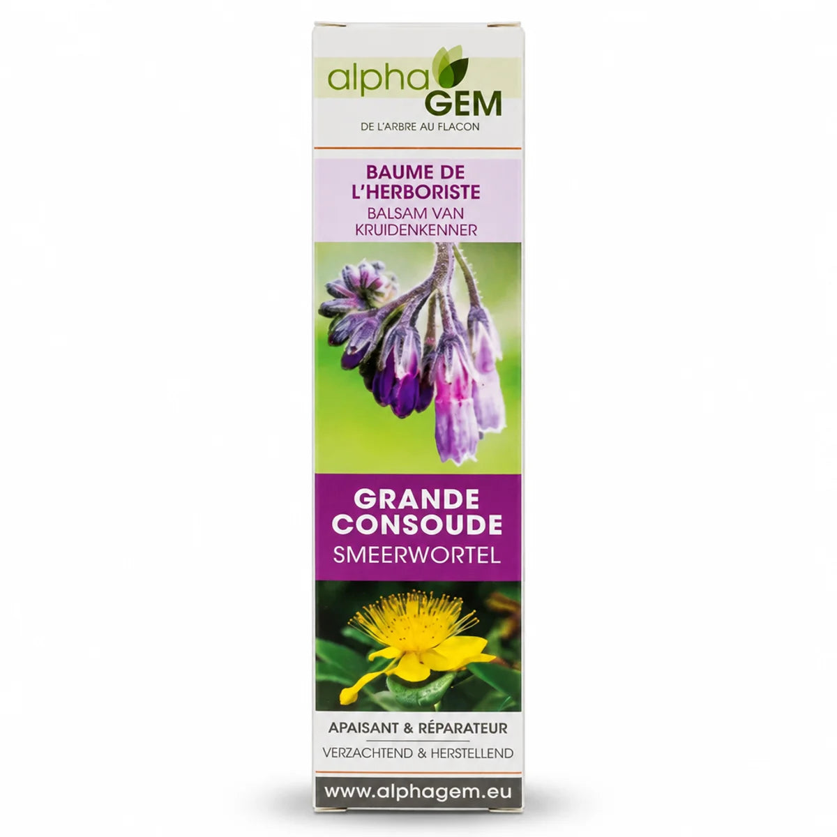 Baume à la Grande Consoude Alphagem 50g : boîte de baume réparateur bio, vue de face sur fond blanc