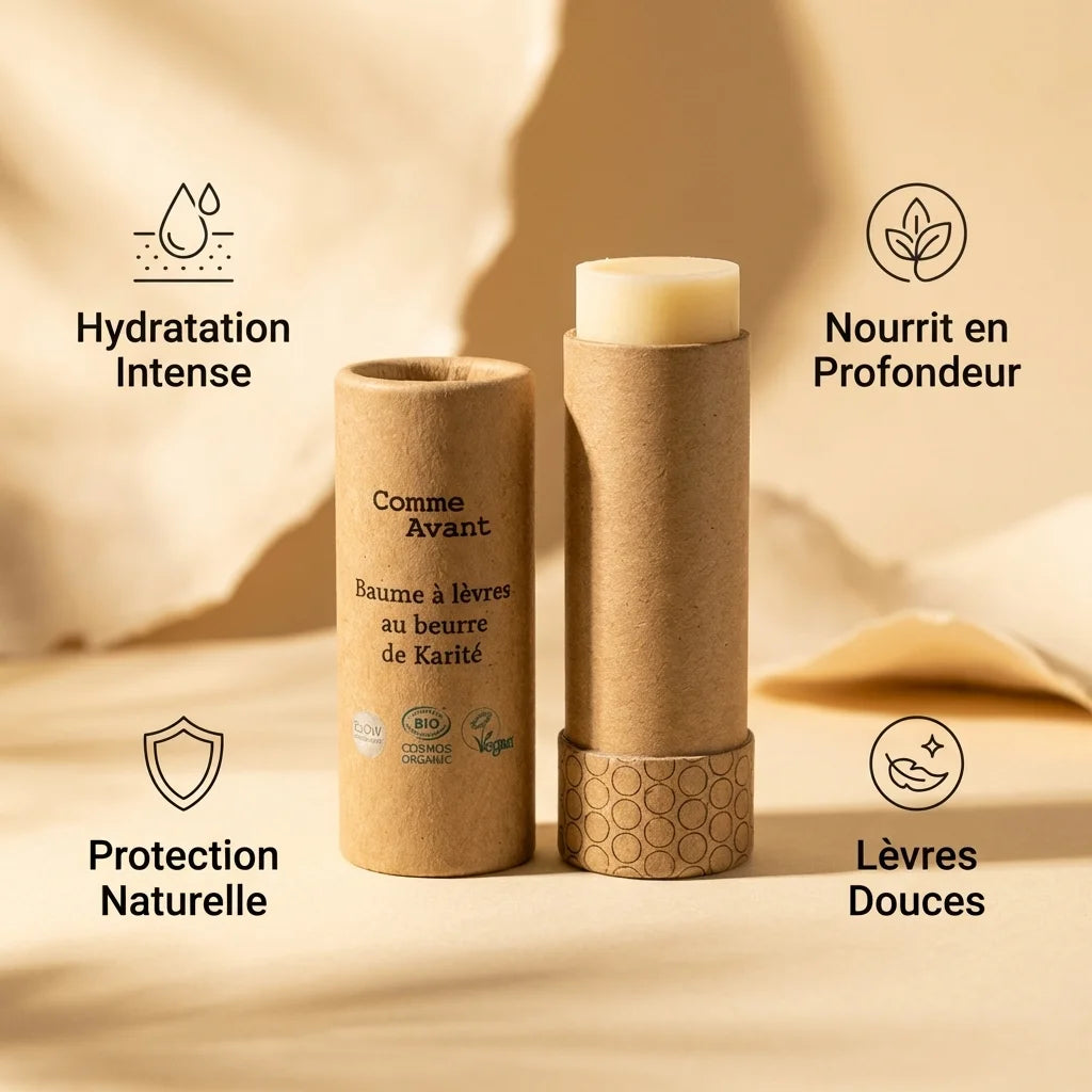 Baume à lèvres Comme Avant au beurre de karité bio avec icônes hydratation, nutrition et protection