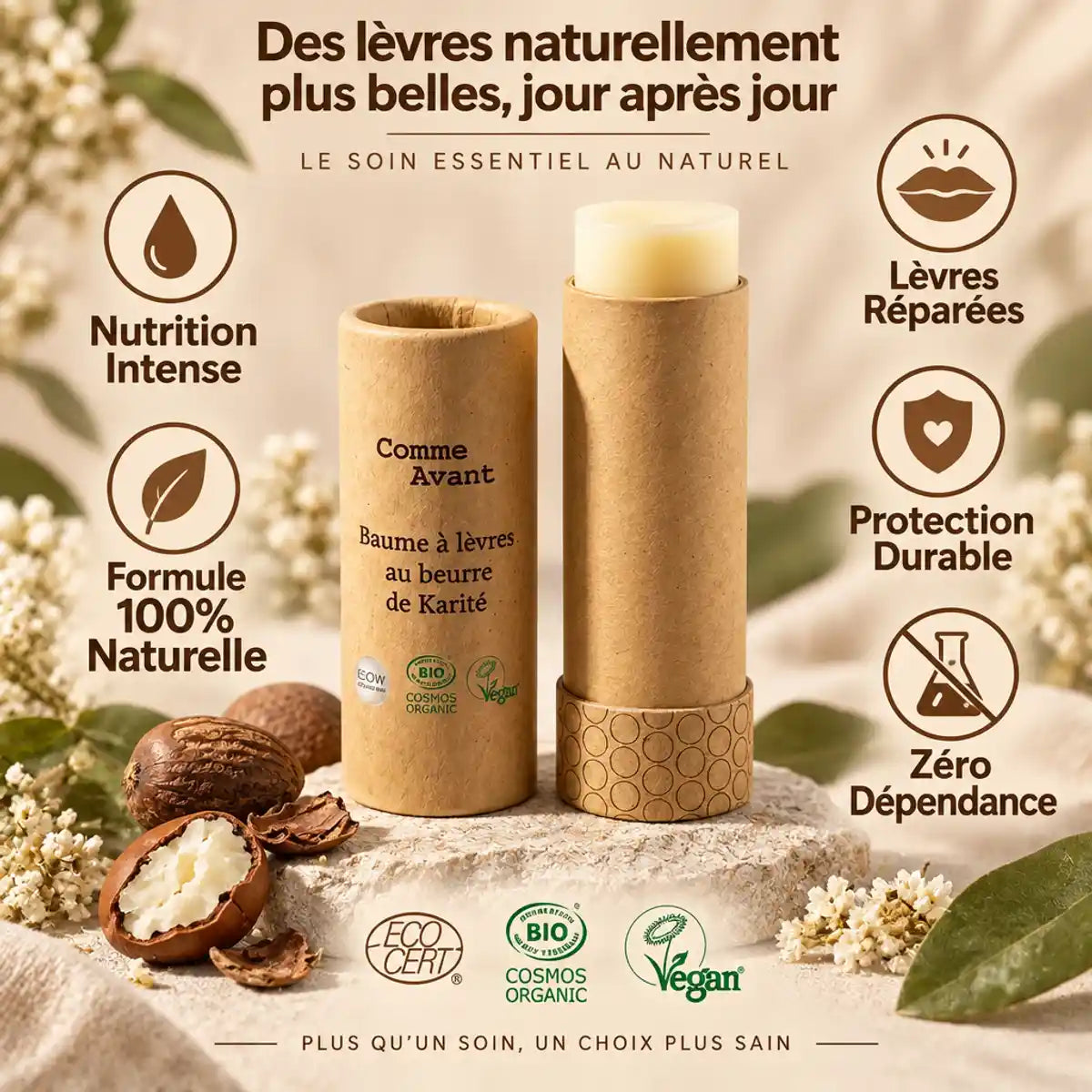 Baume à lèvres Comme Avant au beurre de karité bio avec icônes bénéfices nutrition intense et lèvres réparées